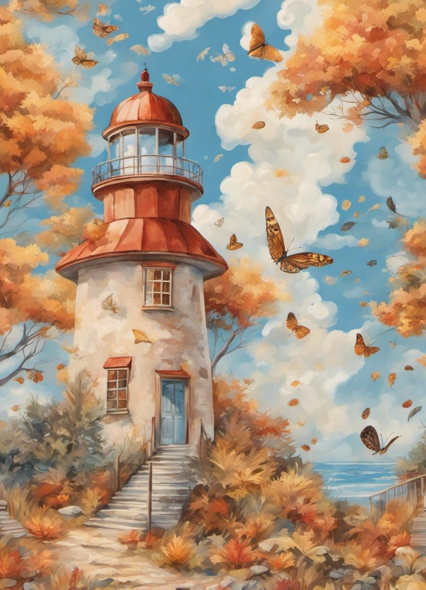 Enchanted Autumn Lighthouse on Whimsical Island