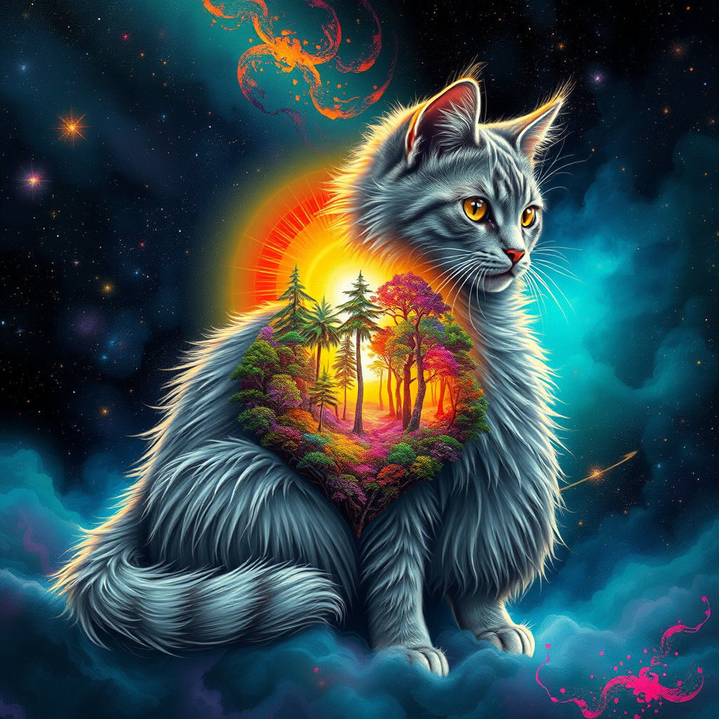 Mystical Cat with Cosmic Fur and Inner Forest