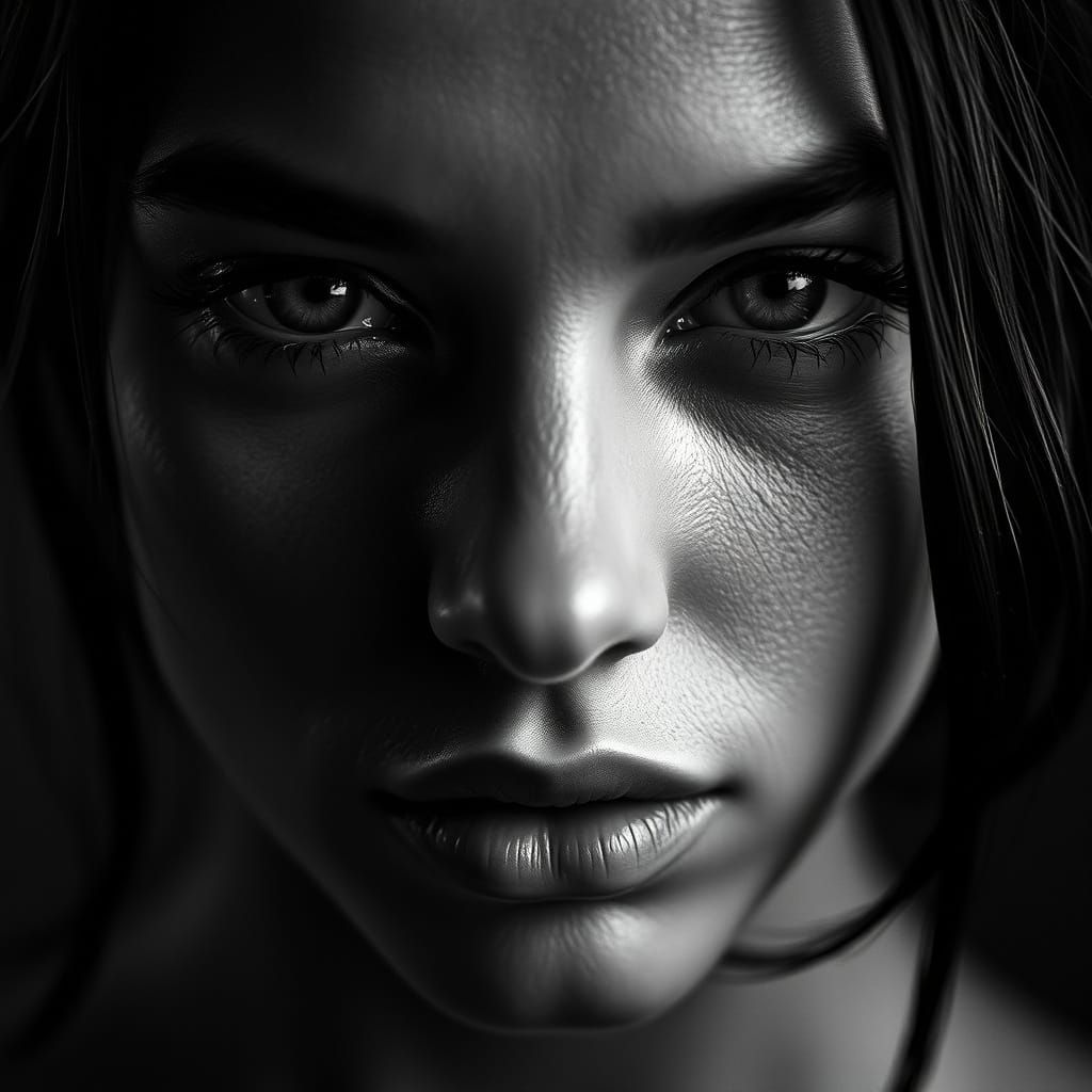 High-Contrast B&W Portrait in Extreme Closeup with Intricate...