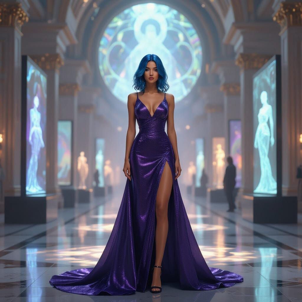 Confident Woman in Art Gallery, Surreal Art Nouveau