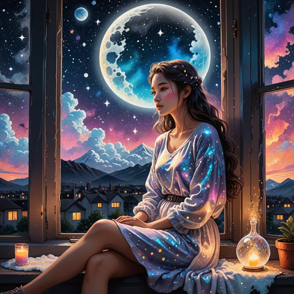 (masterpiece, ultra high quality) an adorable woman sitting on a window, moon hearts dream land, beautiful