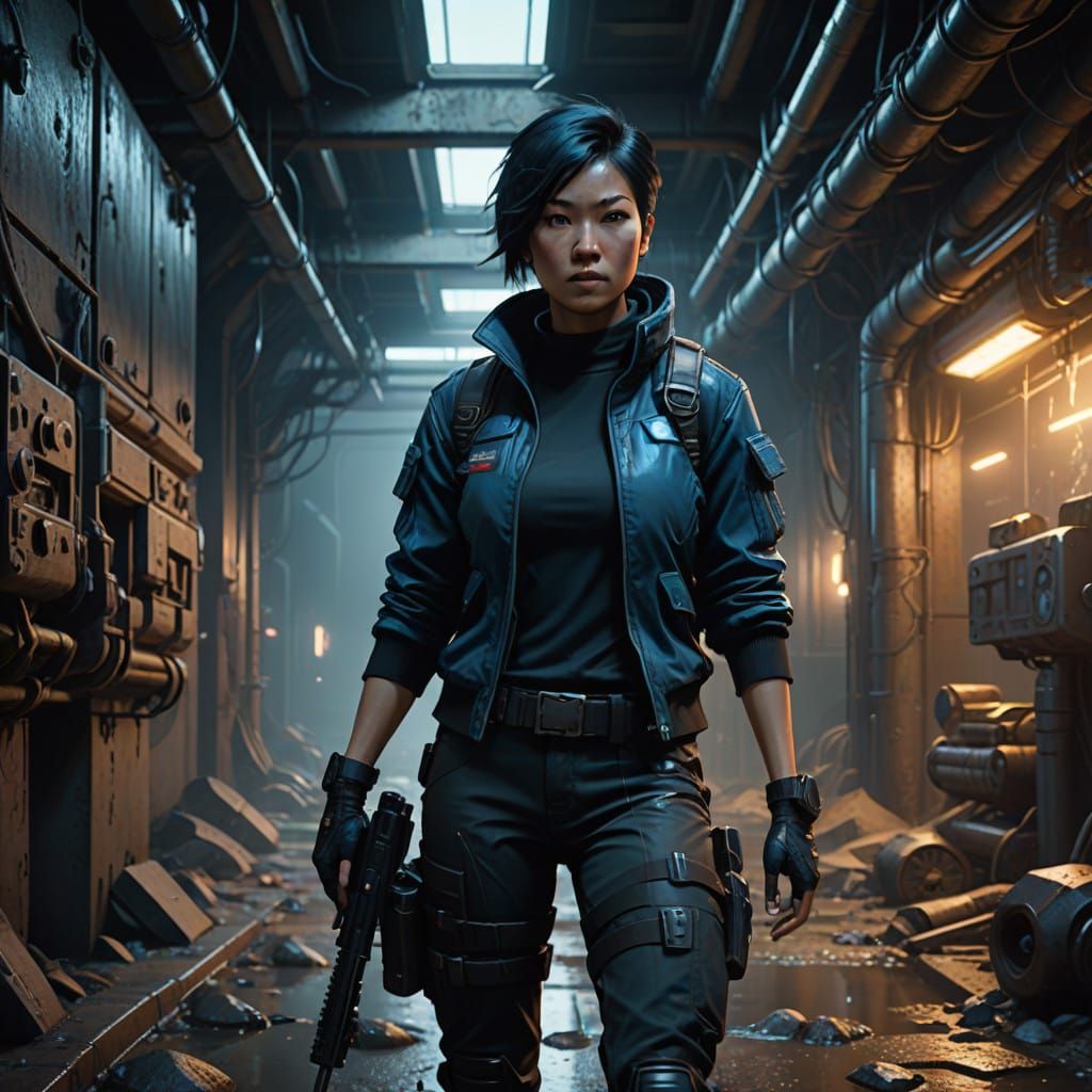 Athletic Asian American Woman in Futuristic Sewer Scene in C...