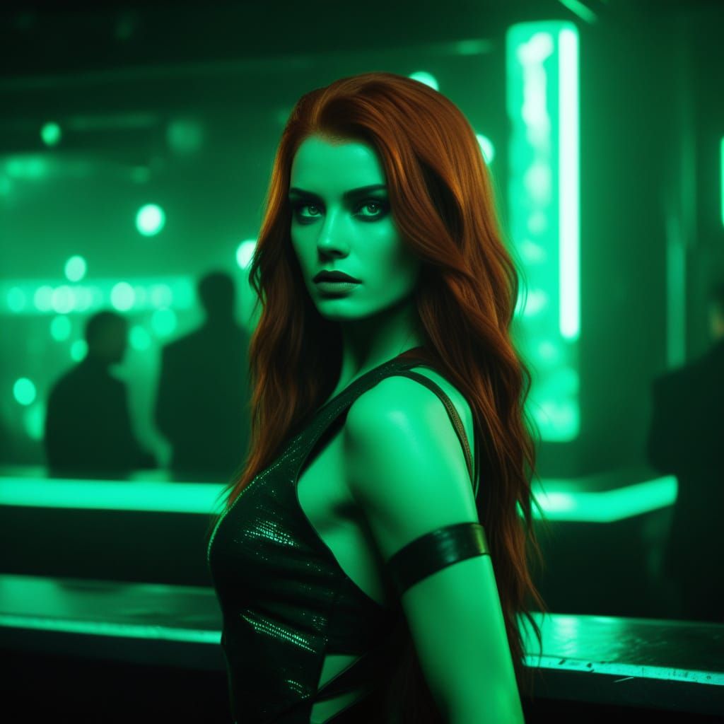 Exotic Green Dancer in a Futuristic Bar