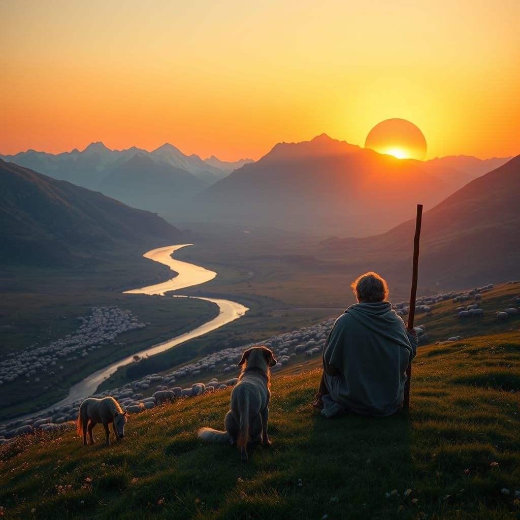 Shepherd Contemplates Sunset in Idyllic Landscape