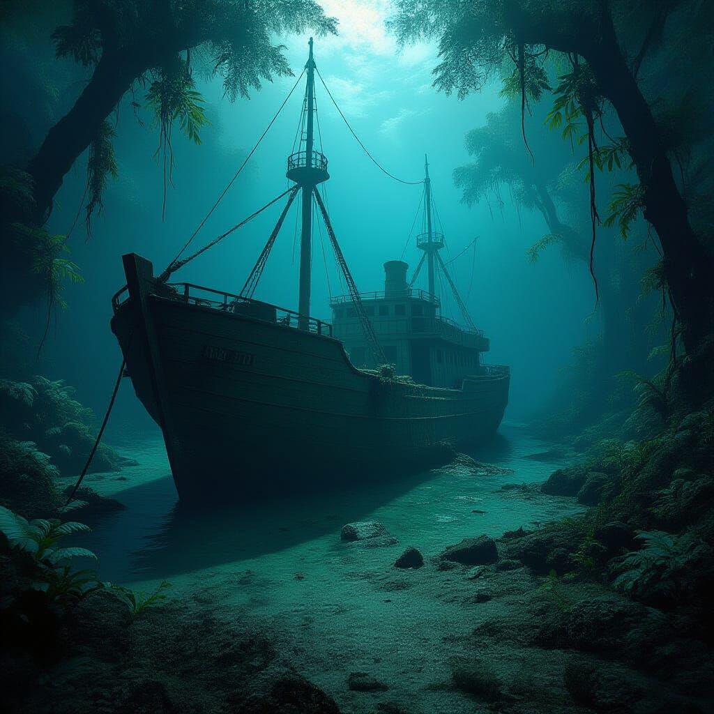 Sunken Shipwreck in Overgrown Jungle