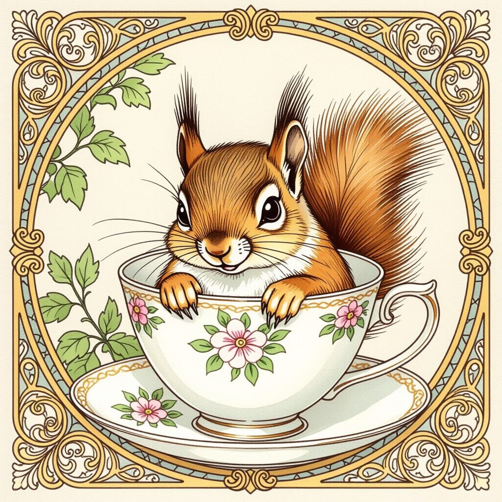 Squirrel in Teacup: Japanese Ink and Art Deco Fusion