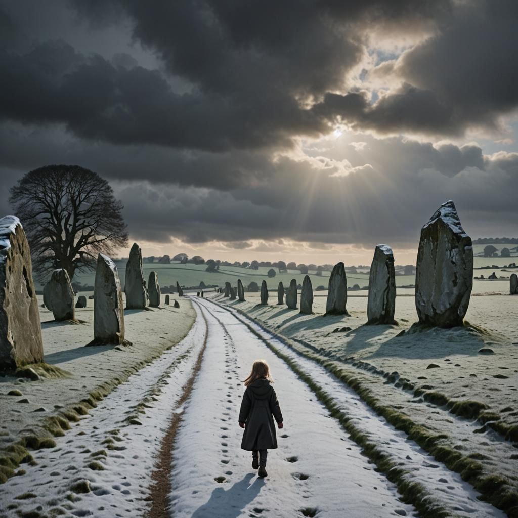 Girl Walks Towards Stone Circle in Winter