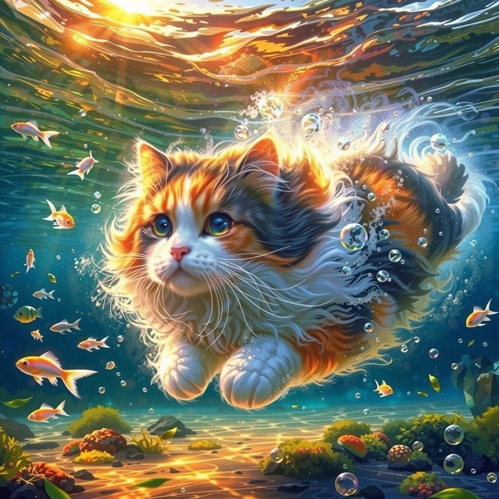 Whimsical Underwater Scene with Calico Cat in Vibrant Blue a...