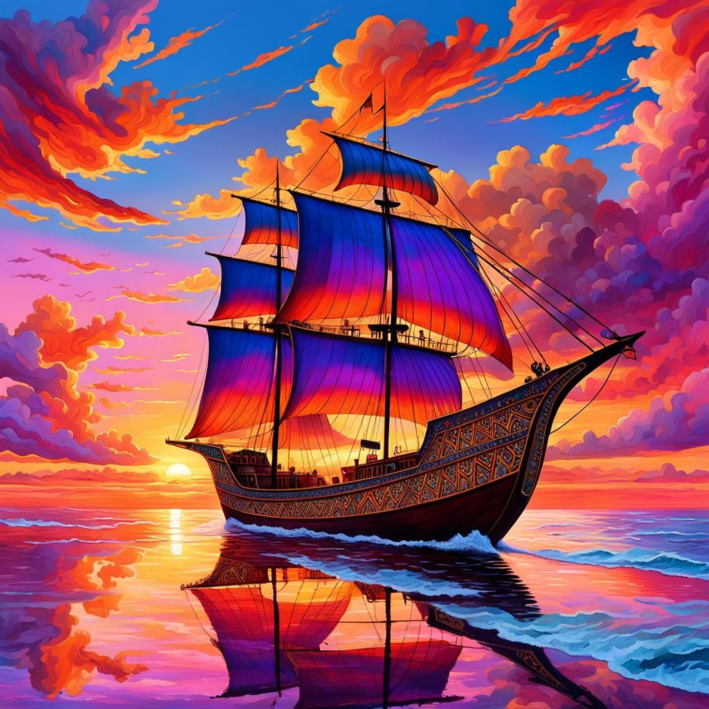Ancient Persian Ship at Sunset in Atmospheric Realism