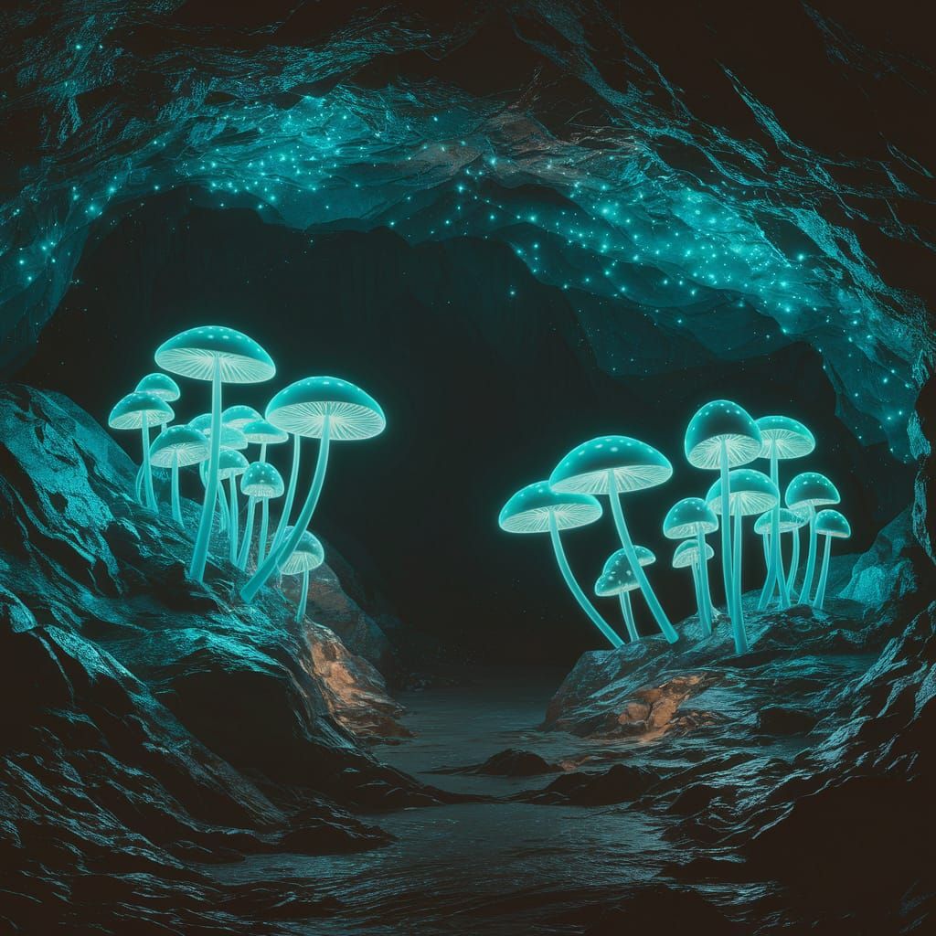 Bioluminescent Mushrooms Glow in Shadowy Cave