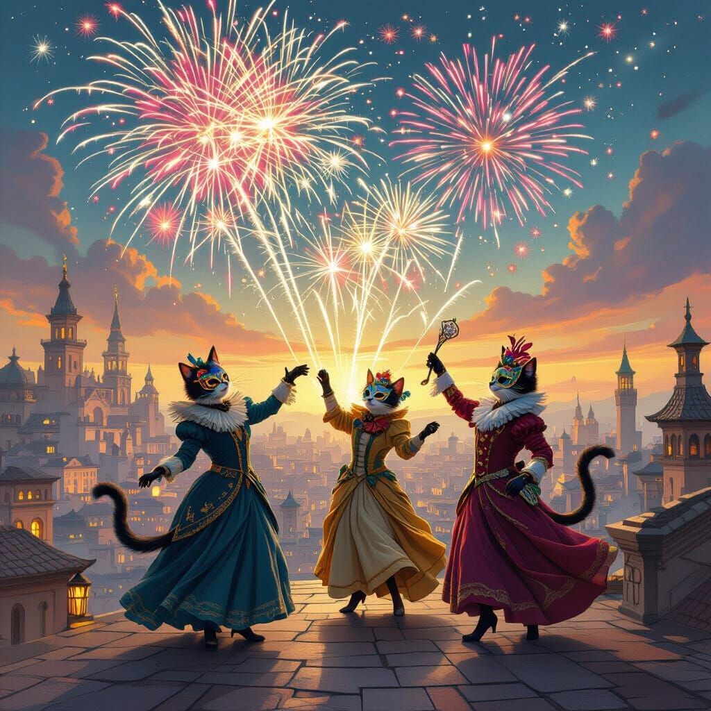 Cats Masquerade Dance Under Fireworks: Matte Painting