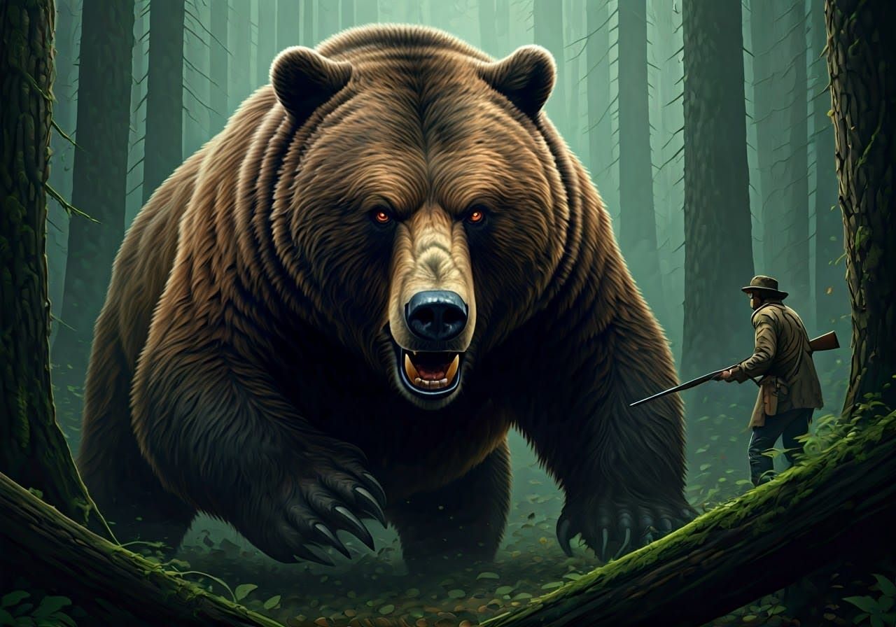 Fierce Grizzly Bear Attacks Lone Hunter in Dark Forest