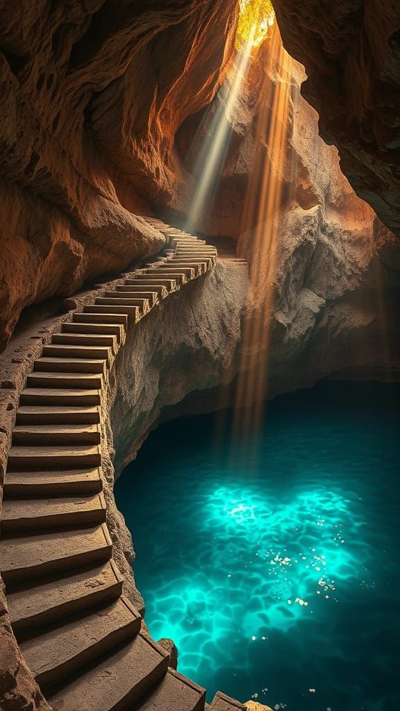 ancient stone stairs descending the side of a cliff into a l...