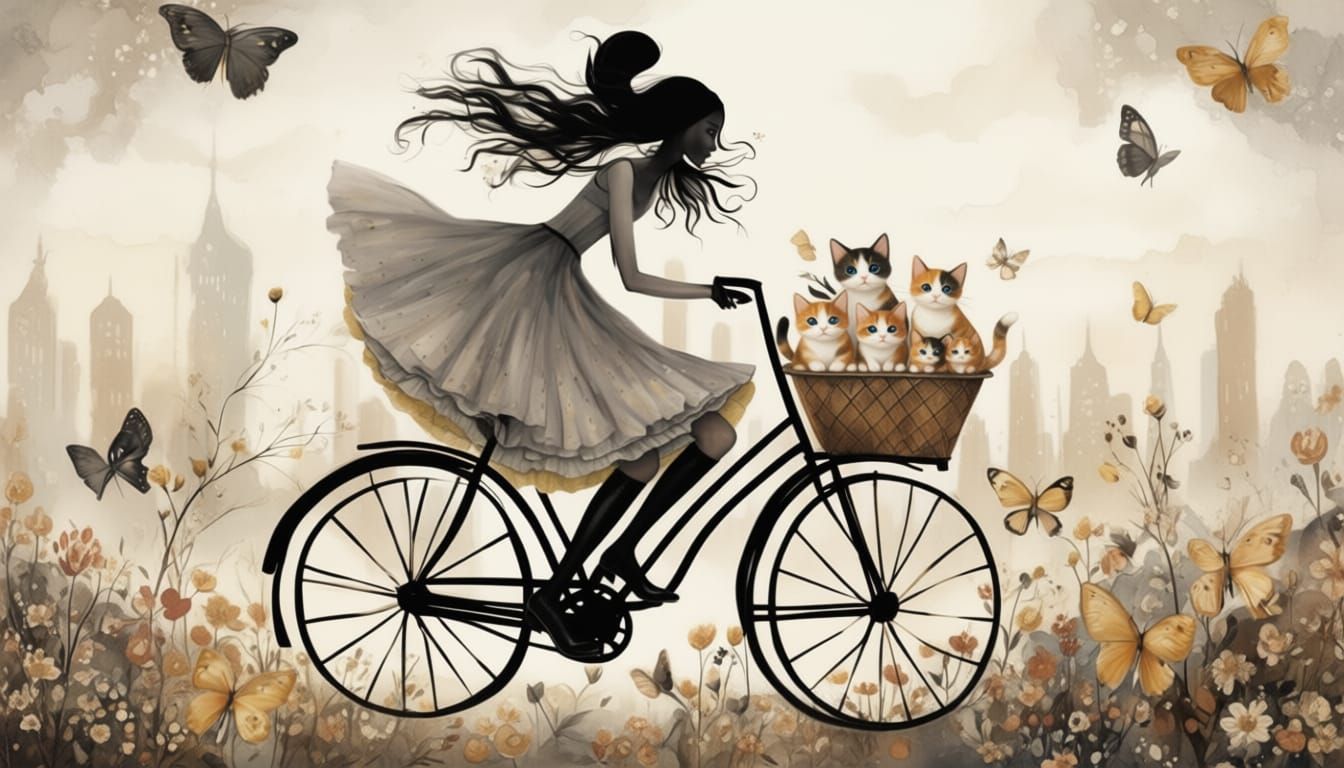 Whimsical Watercolor Rider with Kittens and Cityscape