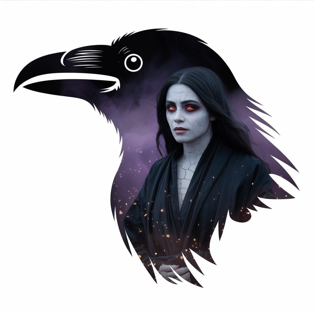 Raven Silhouette with Woman's Portrait in Purple Fog