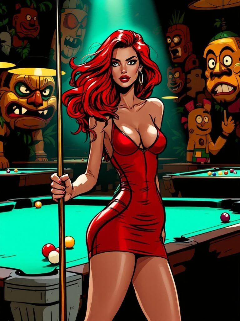 Confident Woman in Pool Hall, Animated Style
