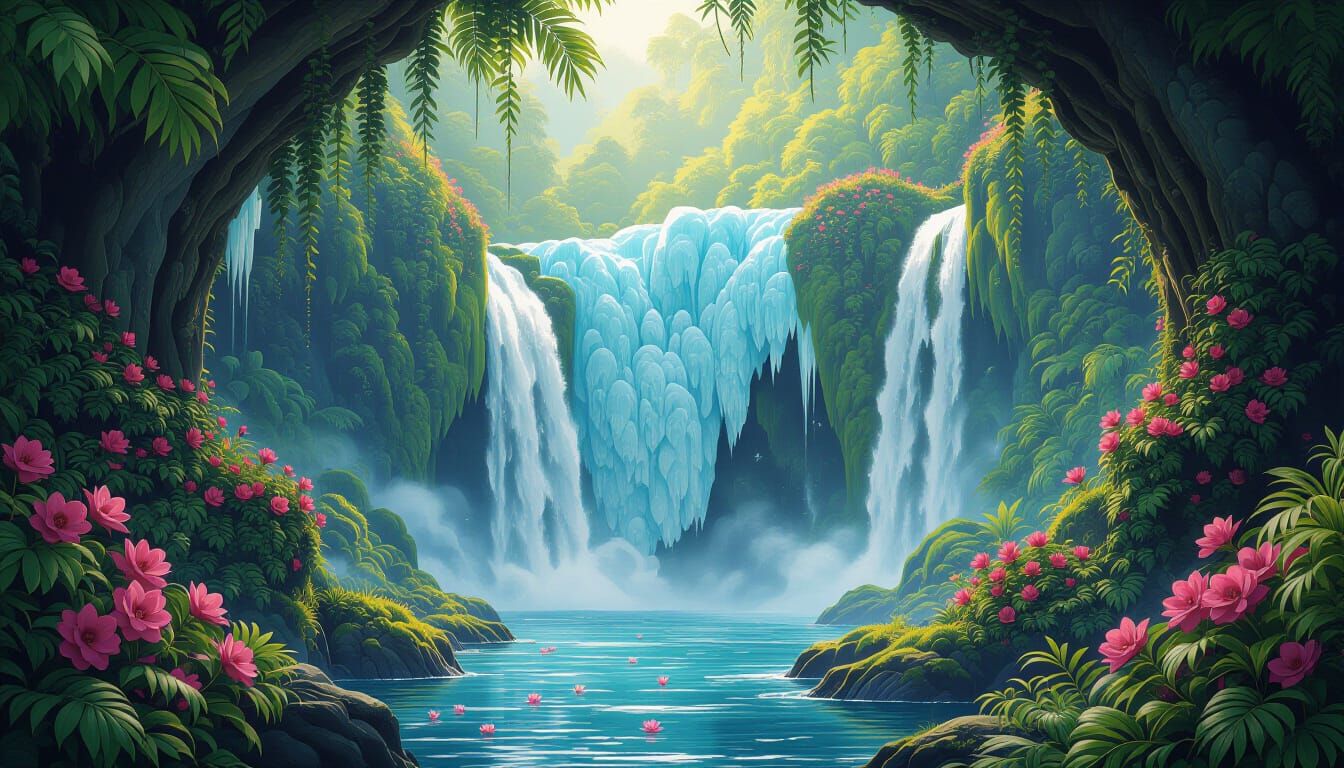 Lush Jungle Oasis in Antarctic Glacier as Romantic Art