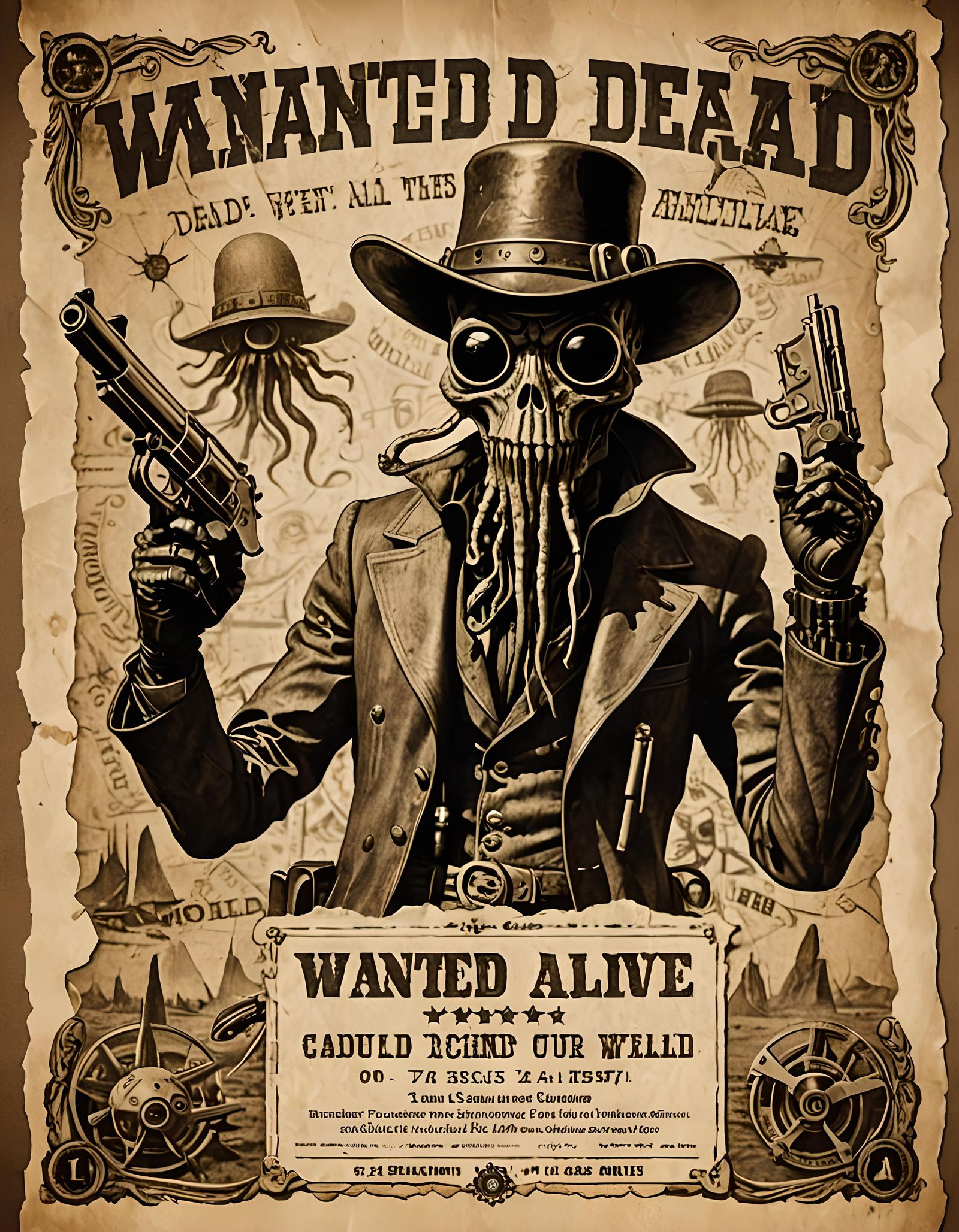 Steampunk Cthulhu Cowboy Wanted Poster in Anime Style