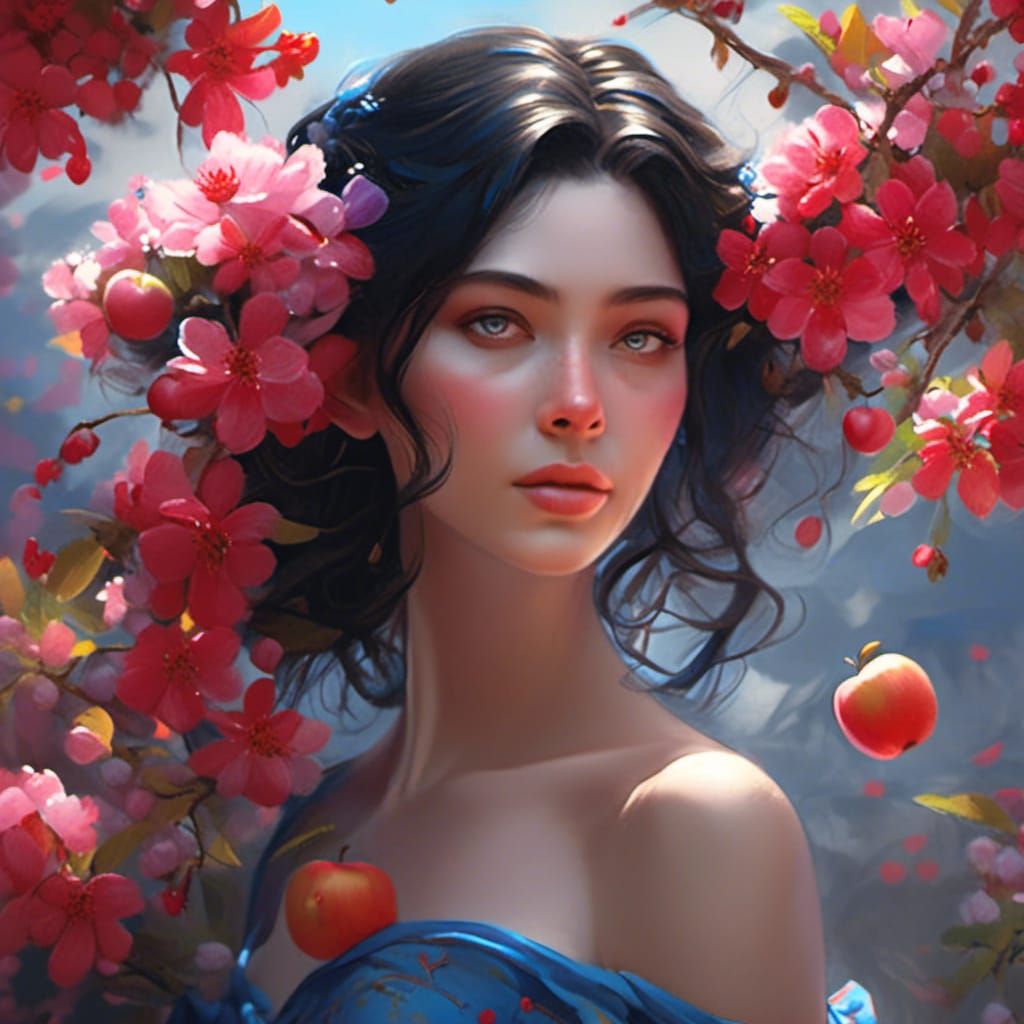 Woman with Apple and Flowers: Hyperdetailed Portrait