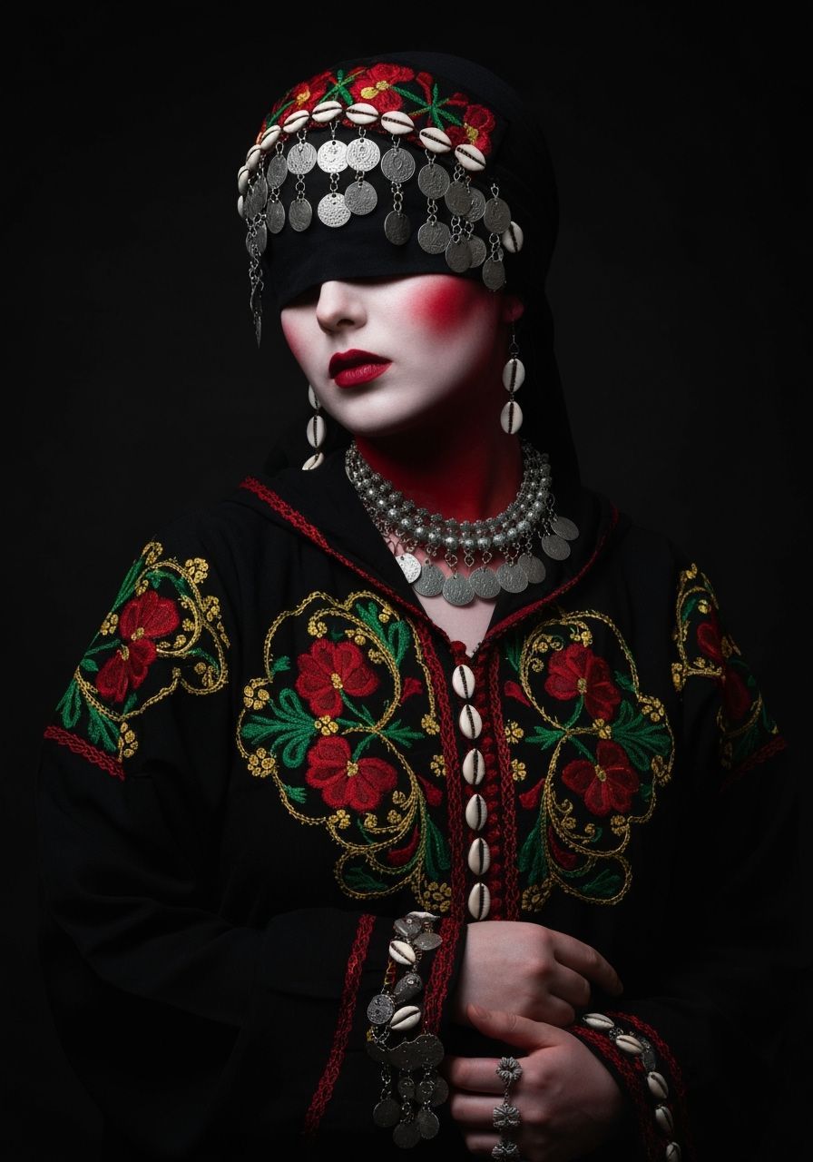 Gnawa Girl in Embroidered Djellaba, Mystical Goth Mood