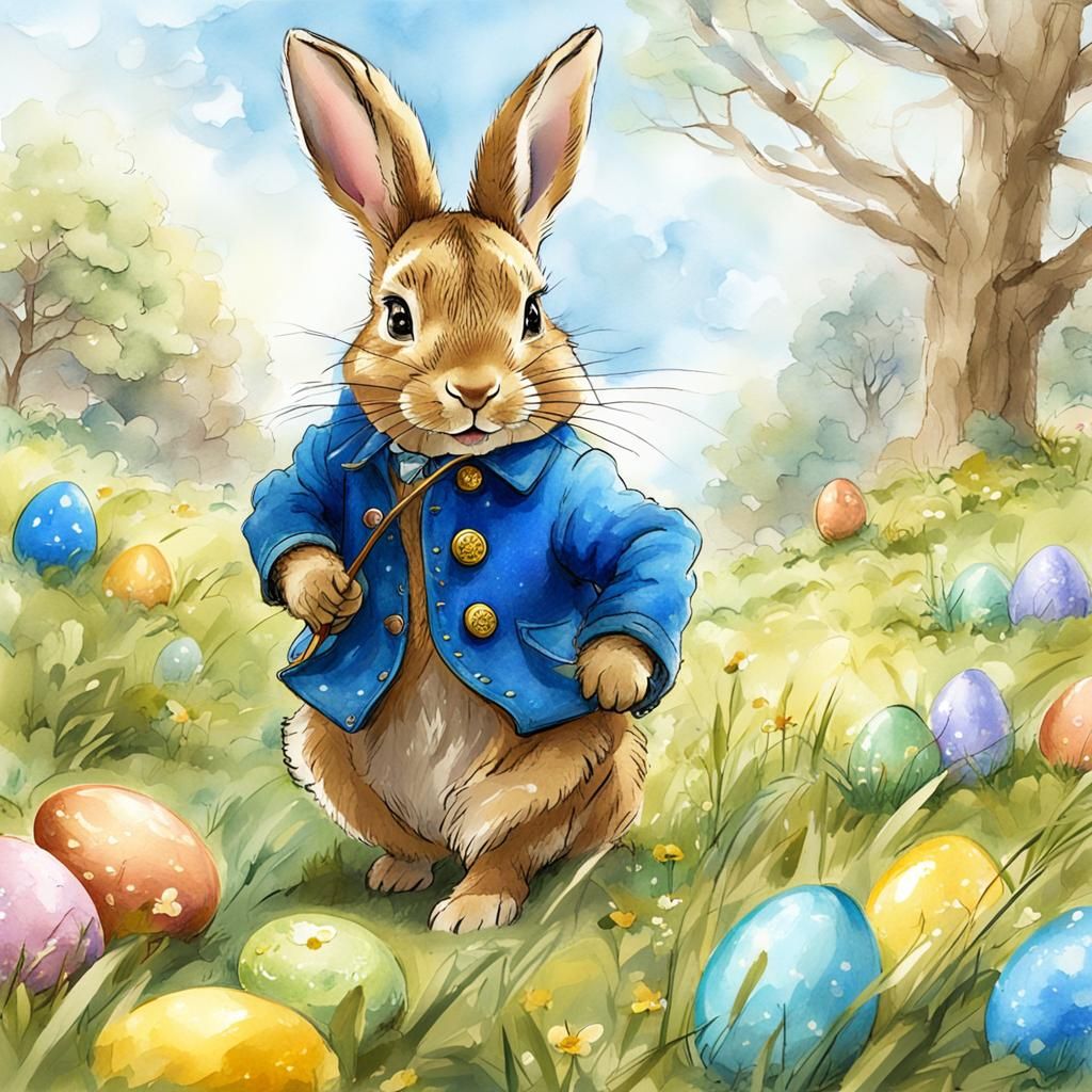 Peter Rabbit Easter Egg Hunt, Watercolor Illustration