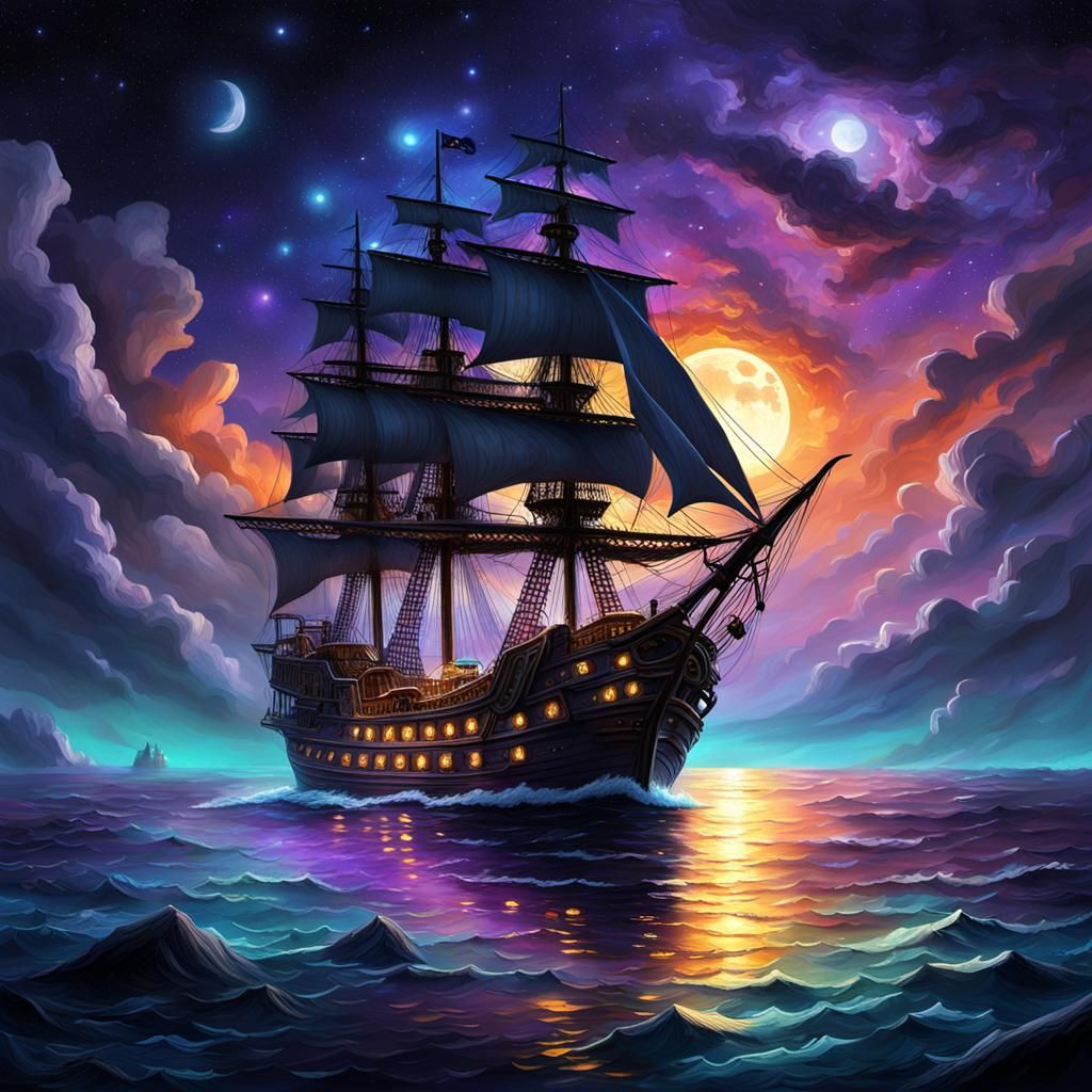 Luminescent Pirate Ship on Calm Ocean: Oil Painting