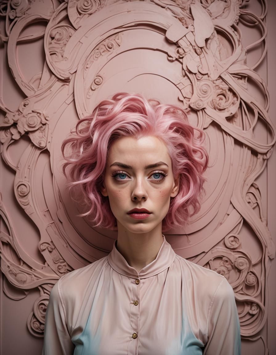 Pink-Haired Woman Posing in Art Nouveau Style