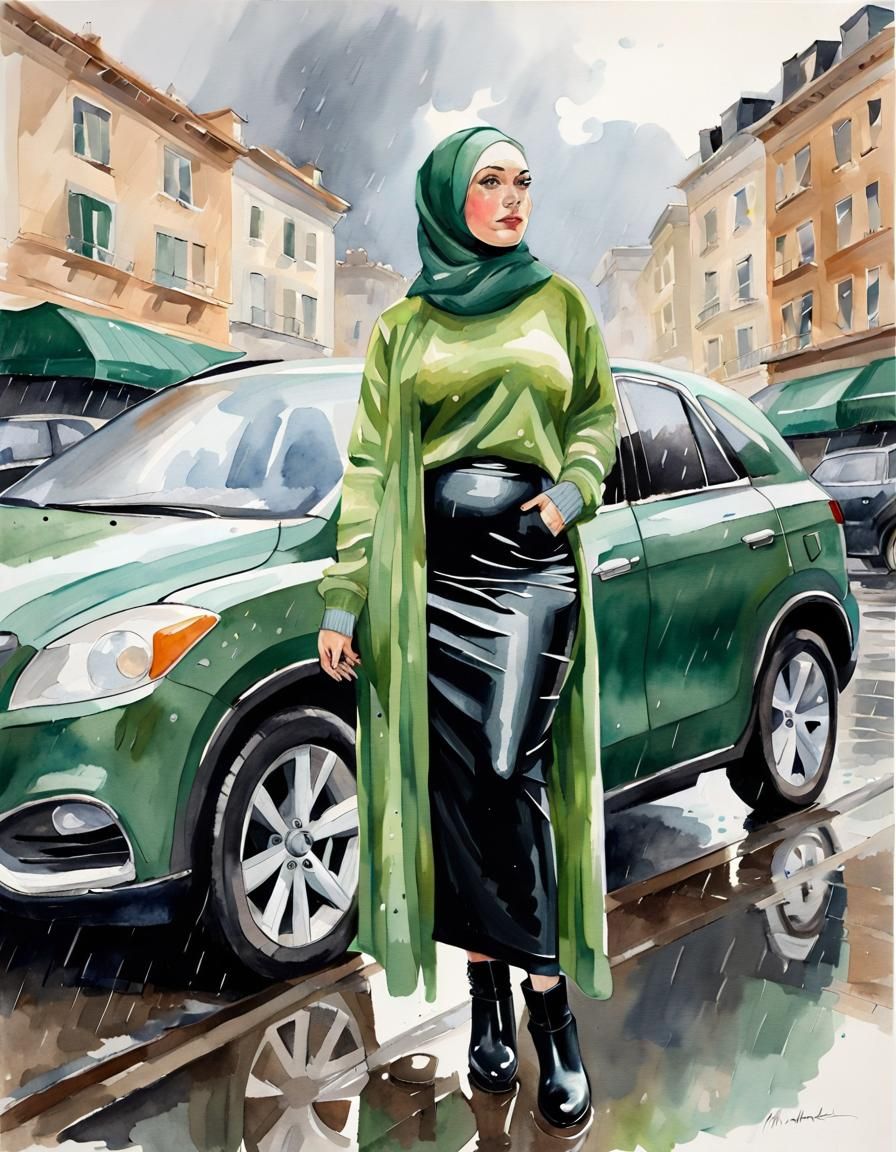Watercolor Portrait of Woman in Hijab in Rainy City