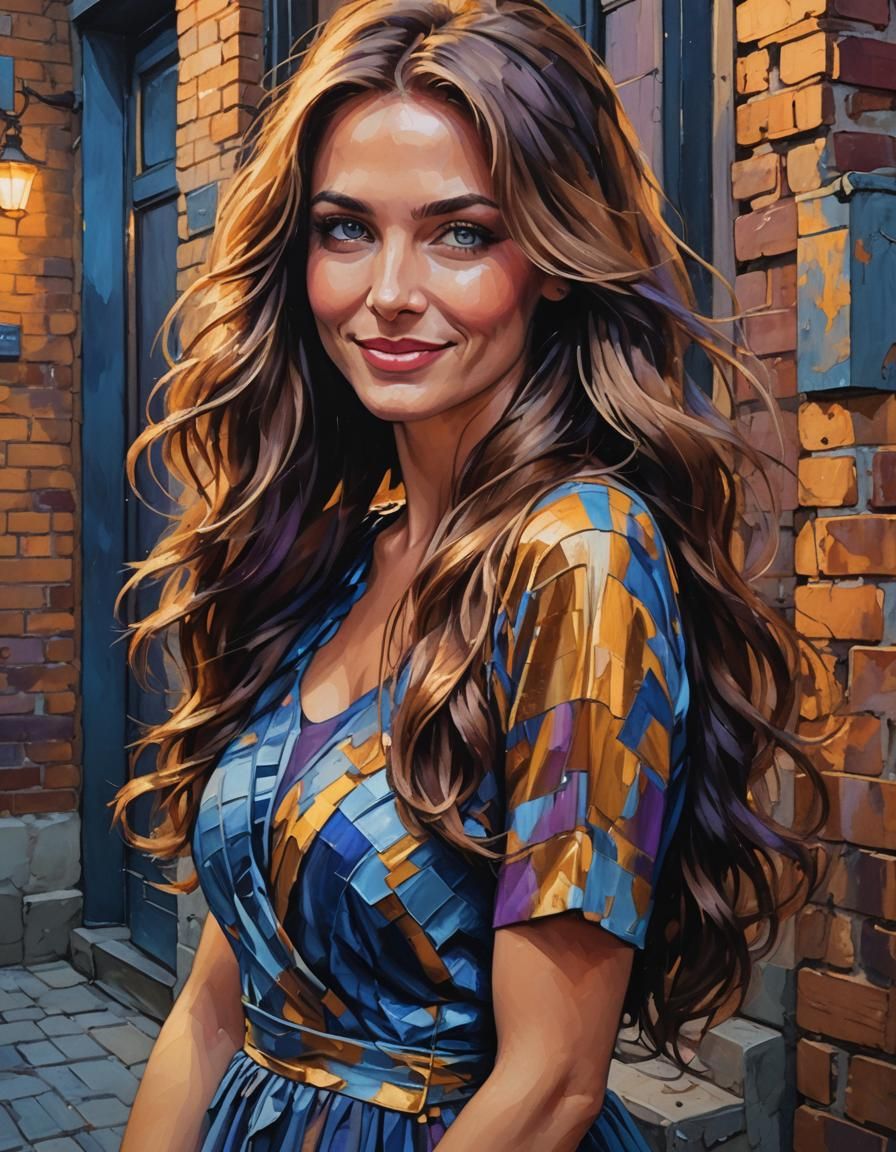 Smiling Woman in Fauvist Portrait with Bronze Hair