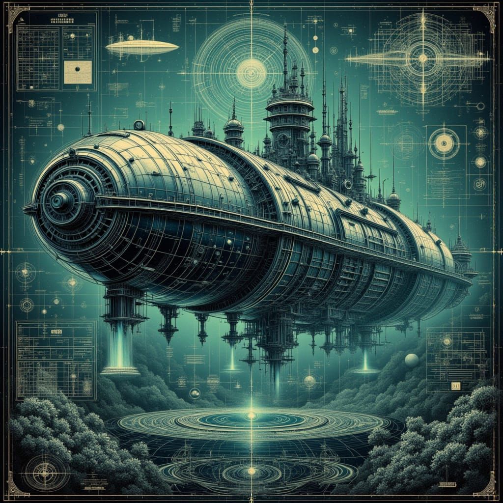 Steampunk Submarine in Bioluminescent Deep-Sea Trench