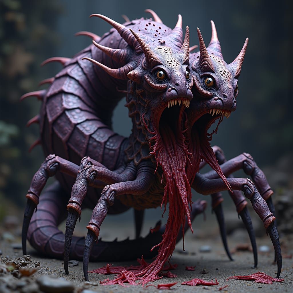 Gothic Three-Headed Worm Creature with Spider Legs