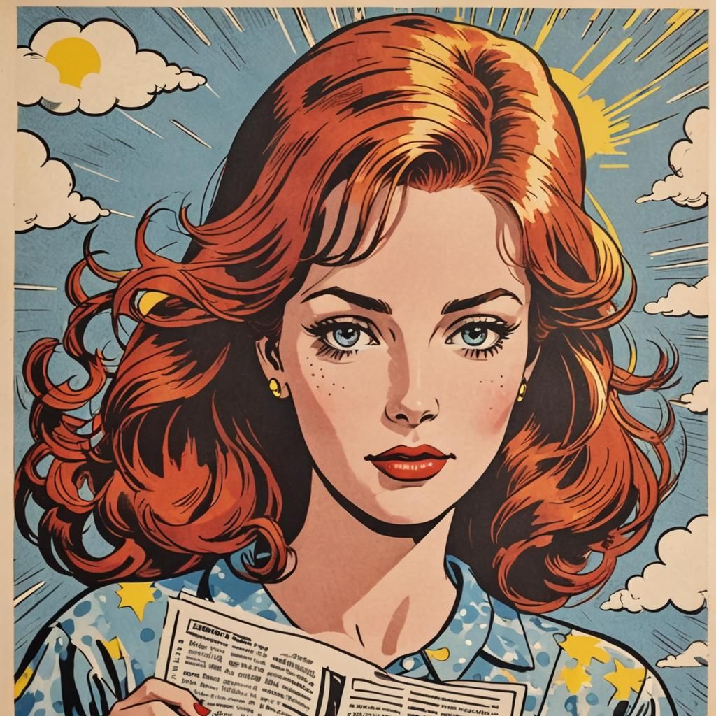 1960s. A redheaded woman who is reading a newspaper. Comic p...