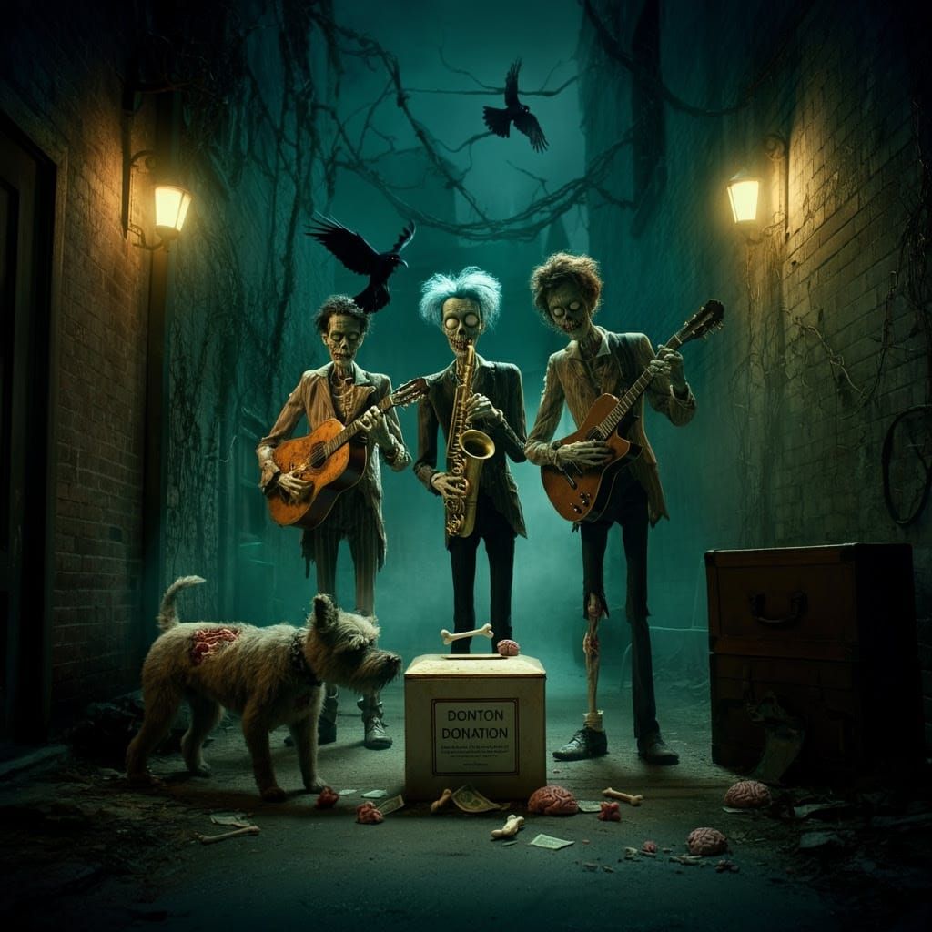 Zombie Musicians in Tim Burton's Whimsical Style