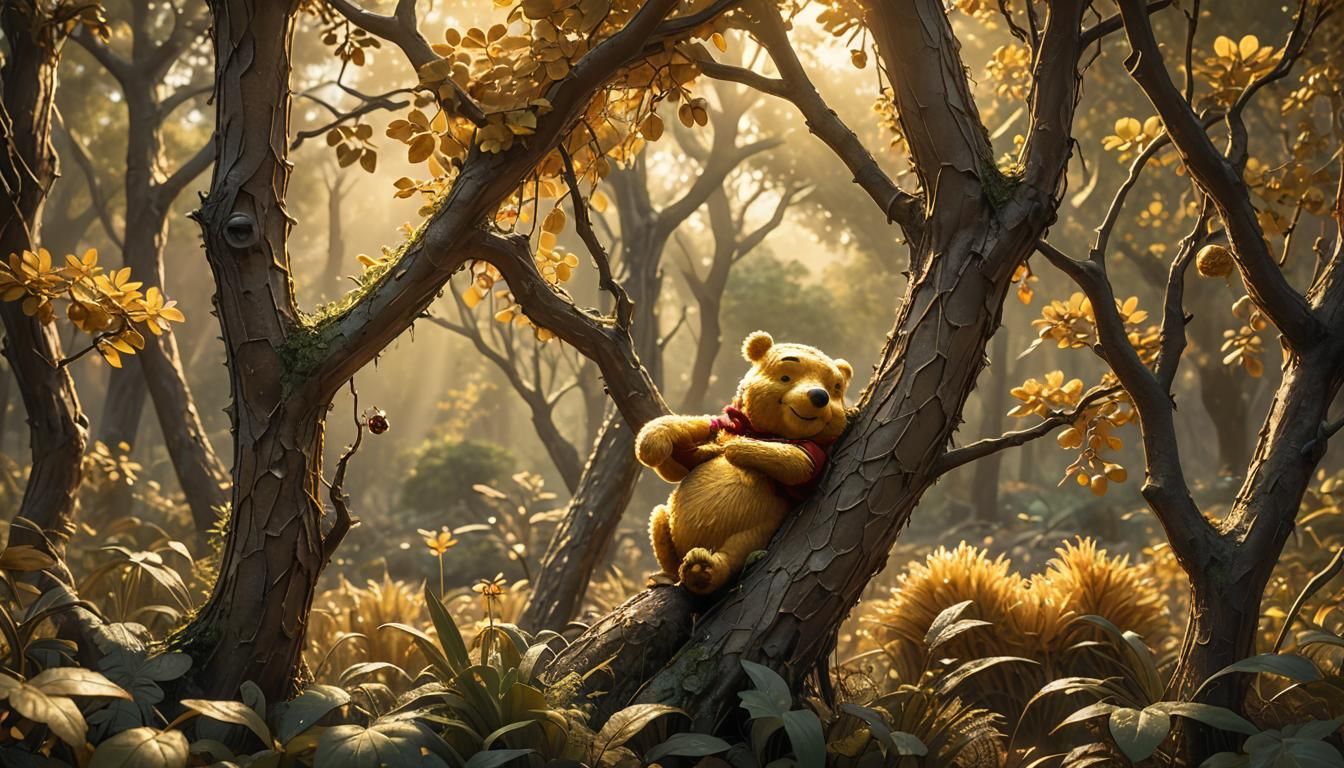 Winnie the Pooh in Golden Light, Hyperrealistic Render