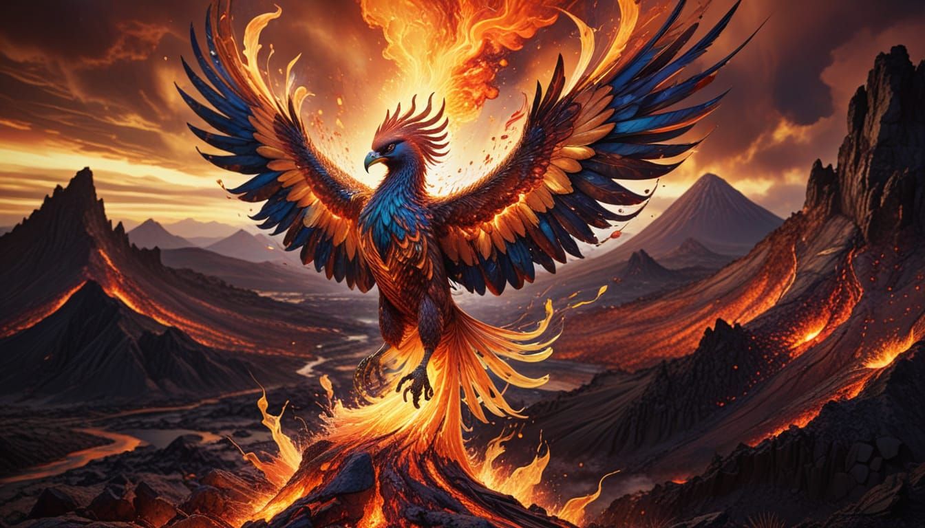 Phoenix Soaring Above Volcano in Alcohol Ink Style