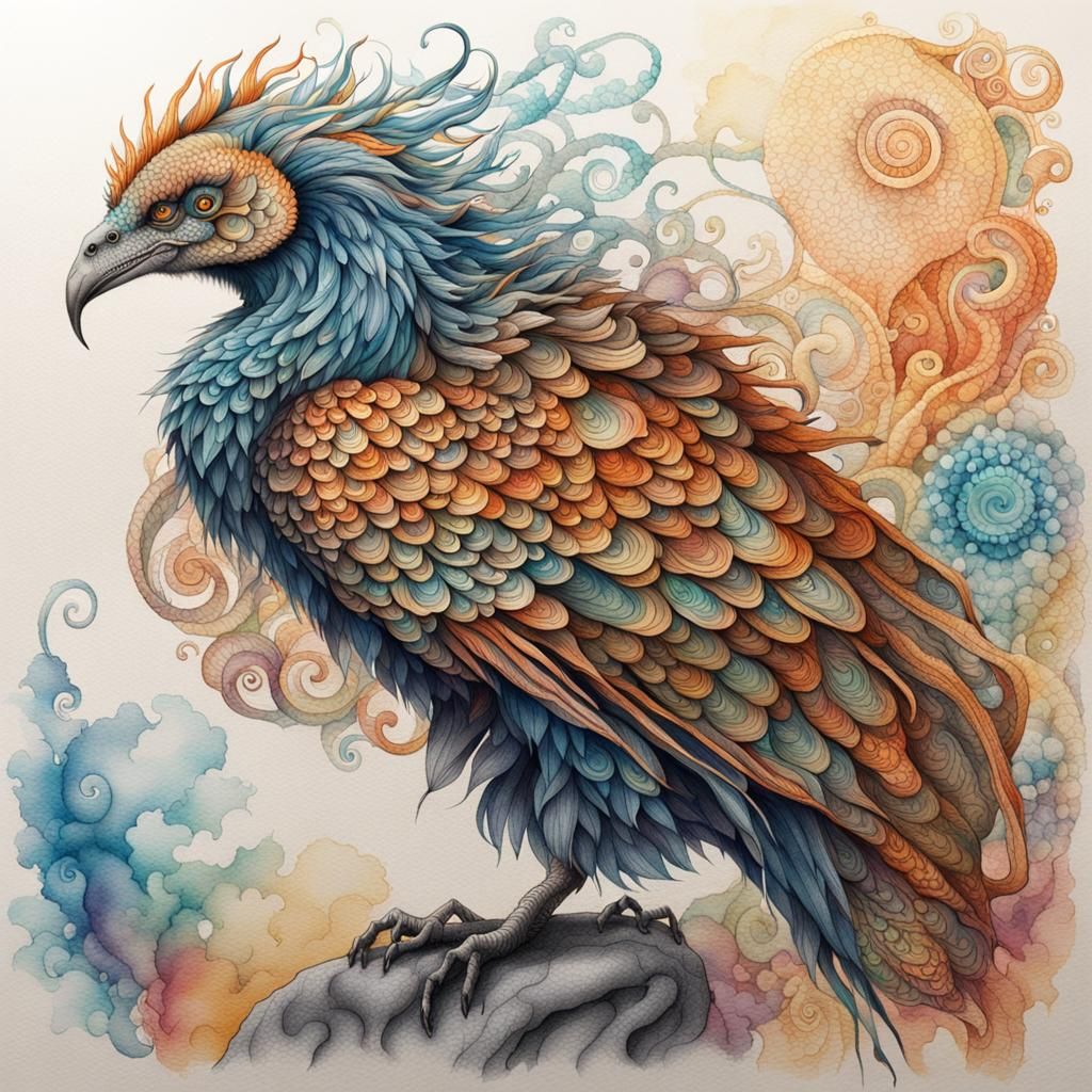 Mystical Dotwork Creature in Watercolor Landscape