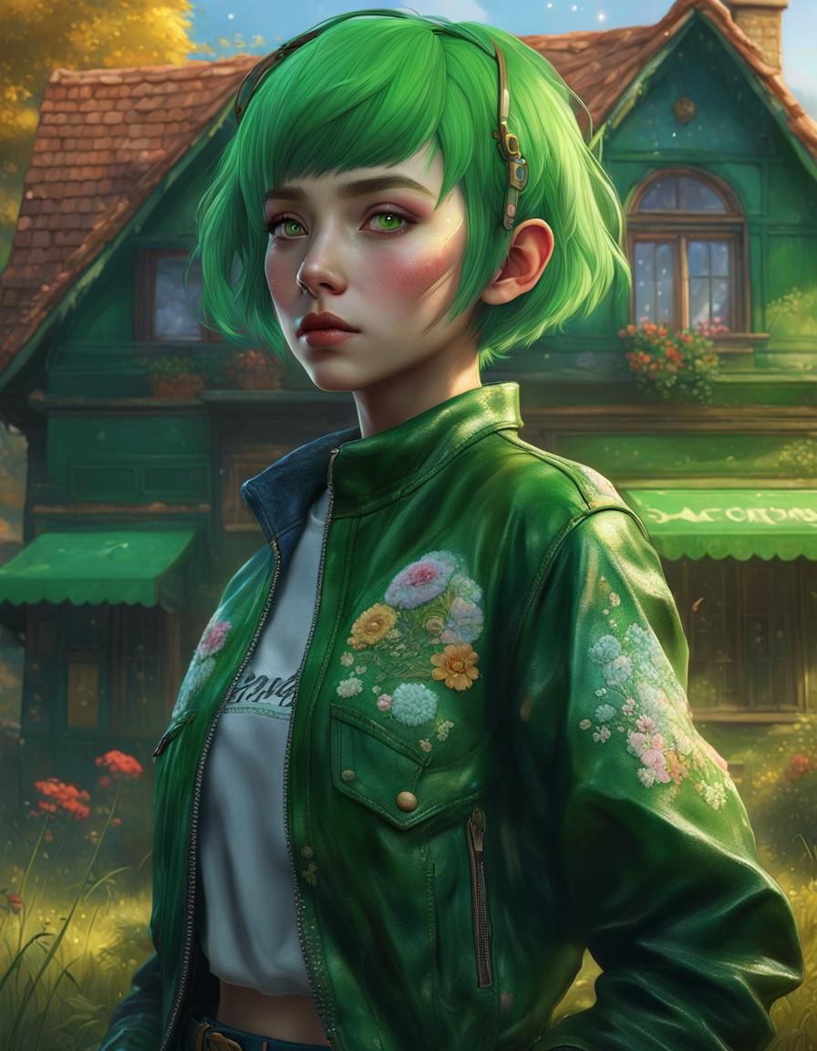 Detailed Anime Woman with Green Eyes and Flowers