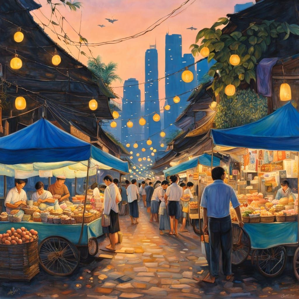 Vibrant Bangkok Street Market at Dusk in Klimt-Inspired Styl...