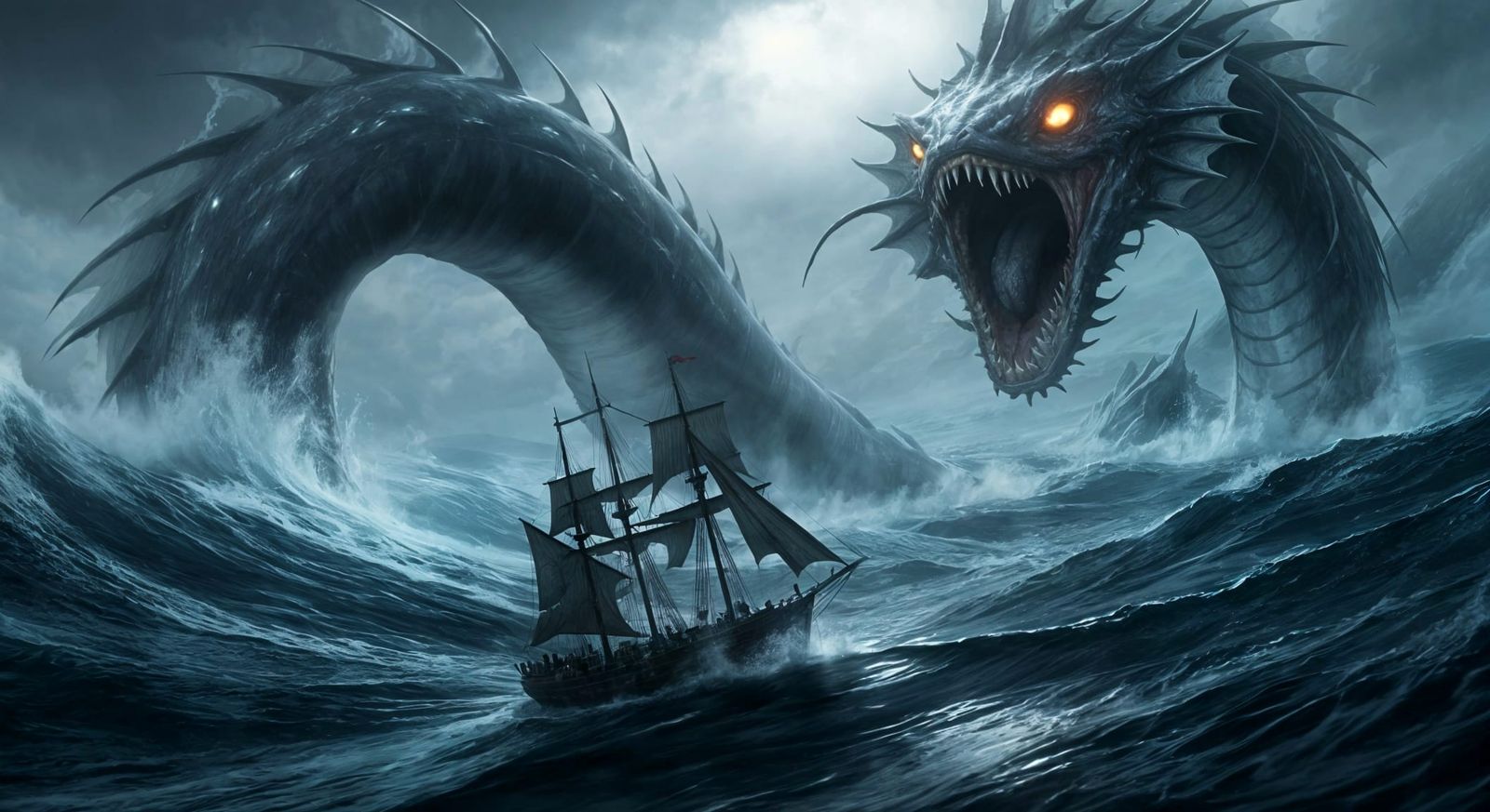Colossal Sea Serpent Emerges from Dark Ocean