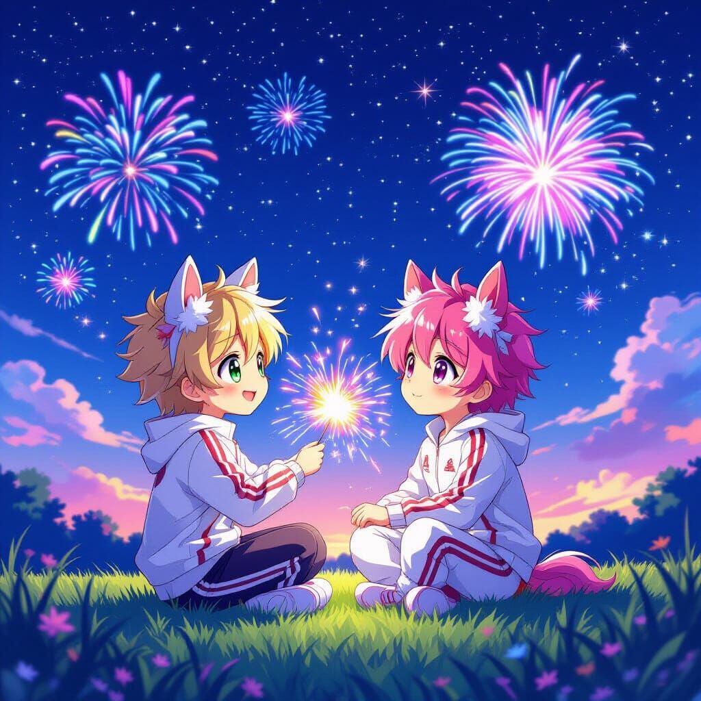 Anime Boys with Horse Ears Launching Fireworks