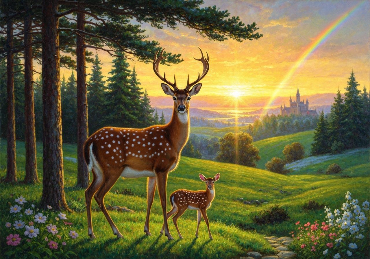 Golden Sunset Over Winter Deer and Pine Forest