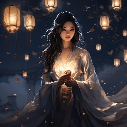 Asian Woman with Lanterns in Delicate Fantasy World