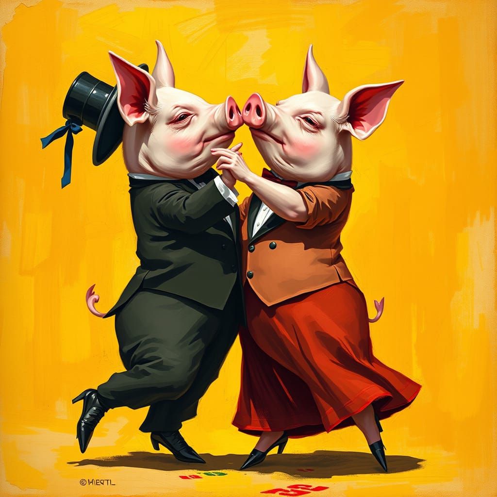 Pigs Dance Tango in Vibrant Impressionistic Style