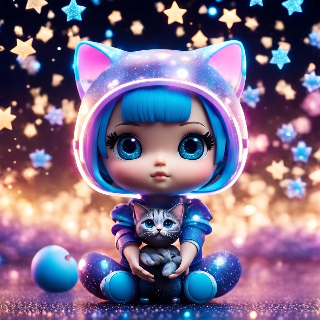 Cosmic Chibi Doll with Star Cat: Vaporwave Aesthetic
