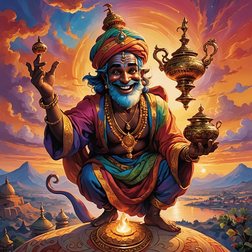 Friendly Genie Emerges at Sunset with a Smile