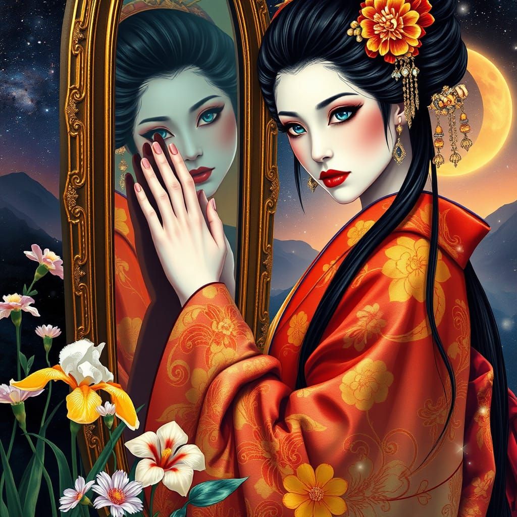 Majestic Geisha in Dark Fantasy Kimono