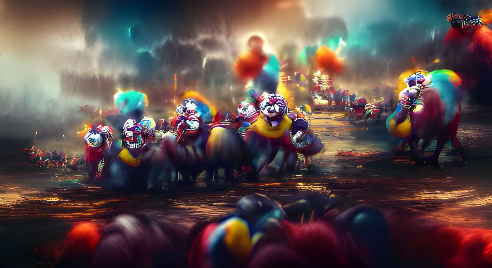 Angry Clown Stampede: Detailed Iridescent Digital Painting