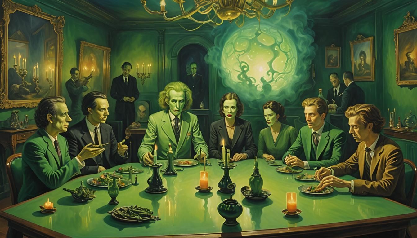 Surreal Seance in Green Salon with Eerie Ambiance