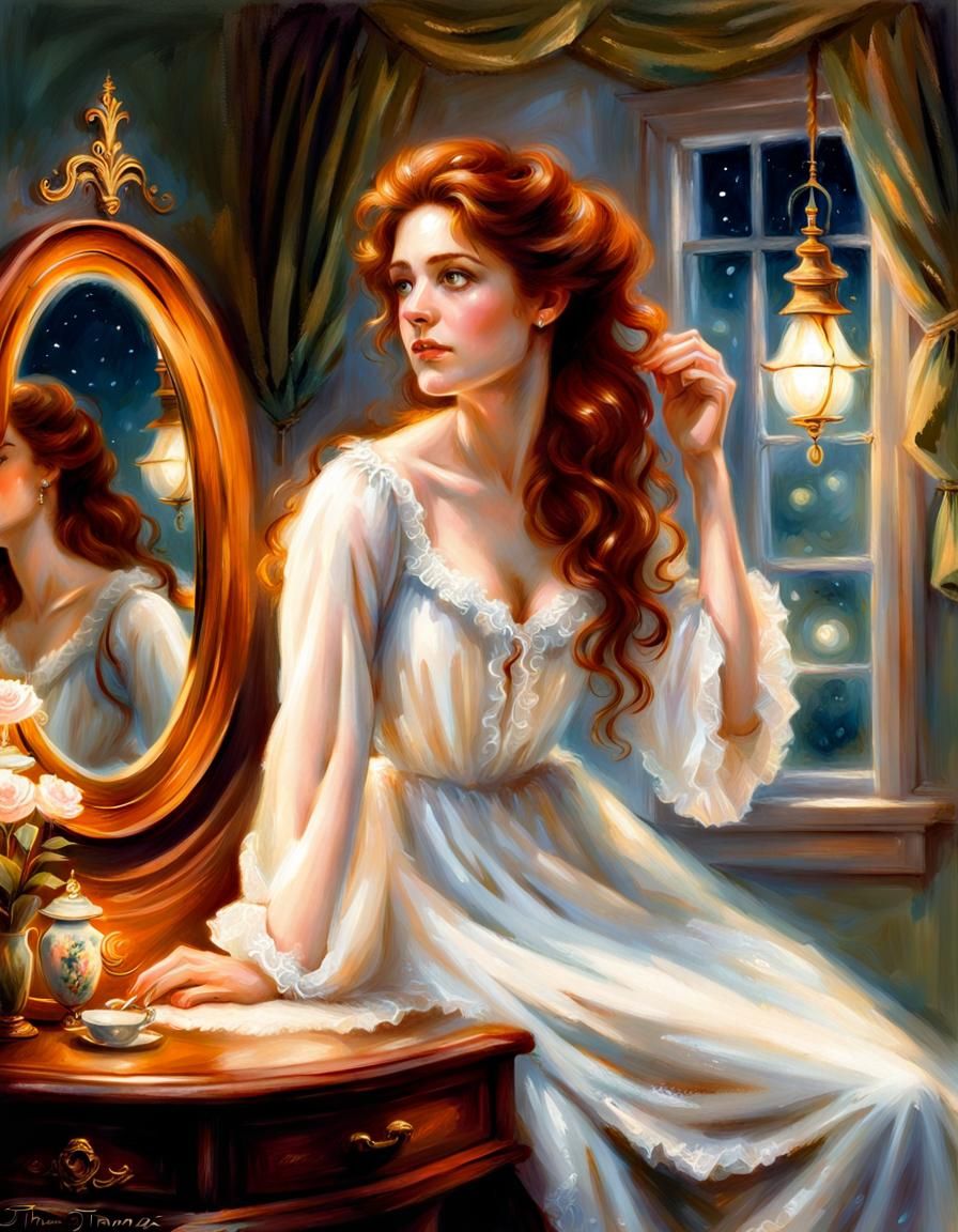 Victorian Woman Brushing Hair, Ethereal Fantasy Portrait