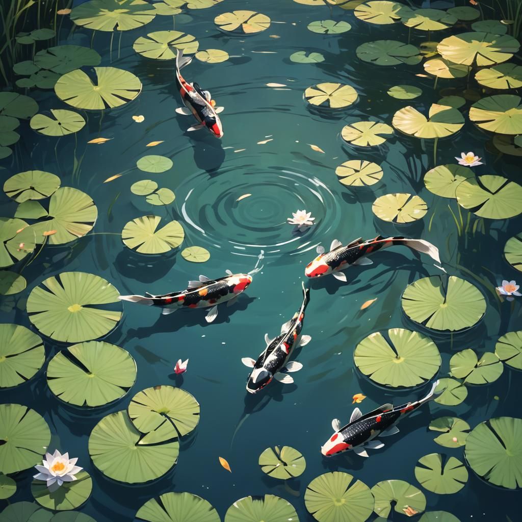 Serene Koi Pond in Anime Key Visual Style